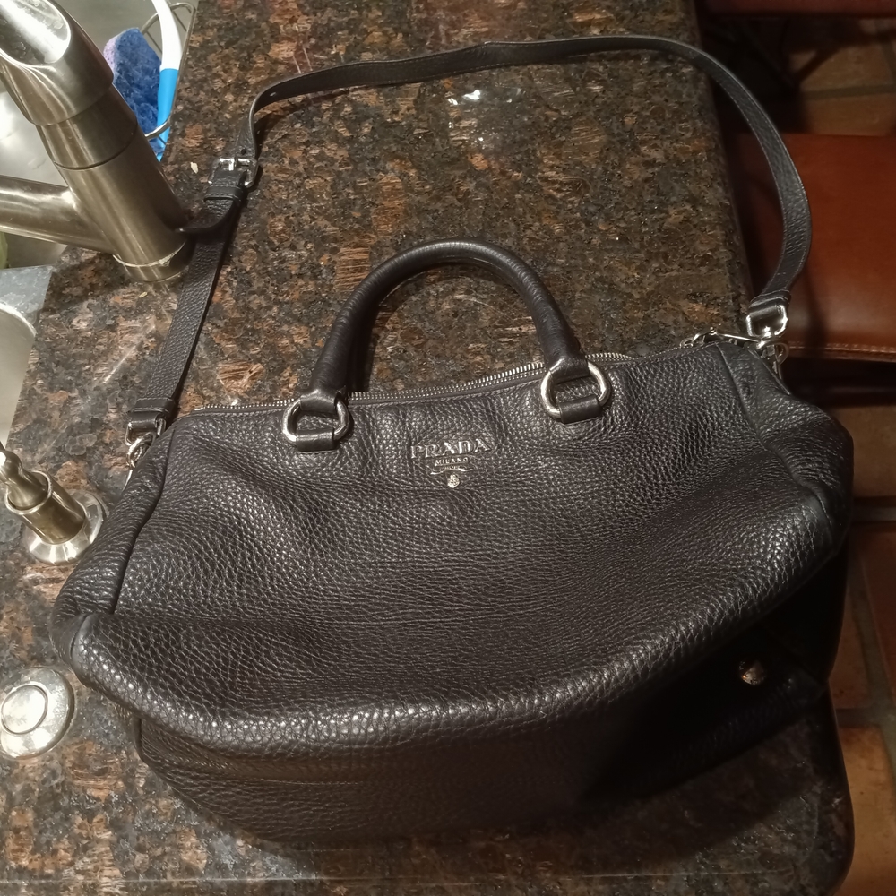 Prada Black Pebbled Leather Satchel with Shoulder Strap